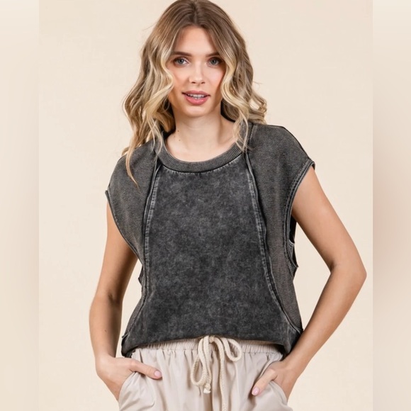 NEW DISTRESSED JODIFL MINERAL WASH BLACK TOP Large - Picture 1 of 8